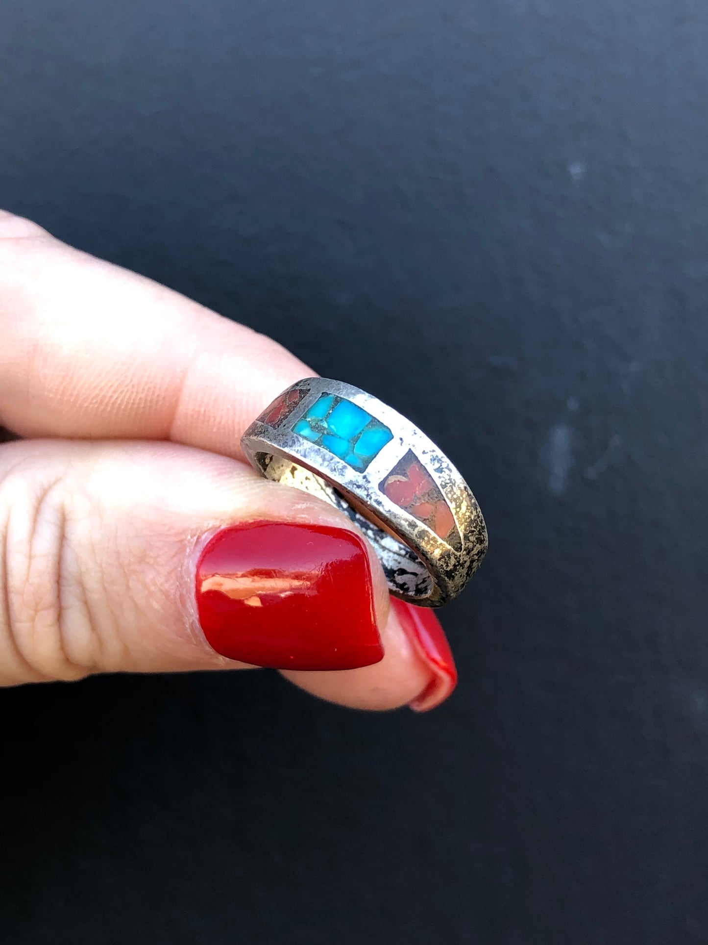 Sterling Turquoise & Coral Inlay Ring