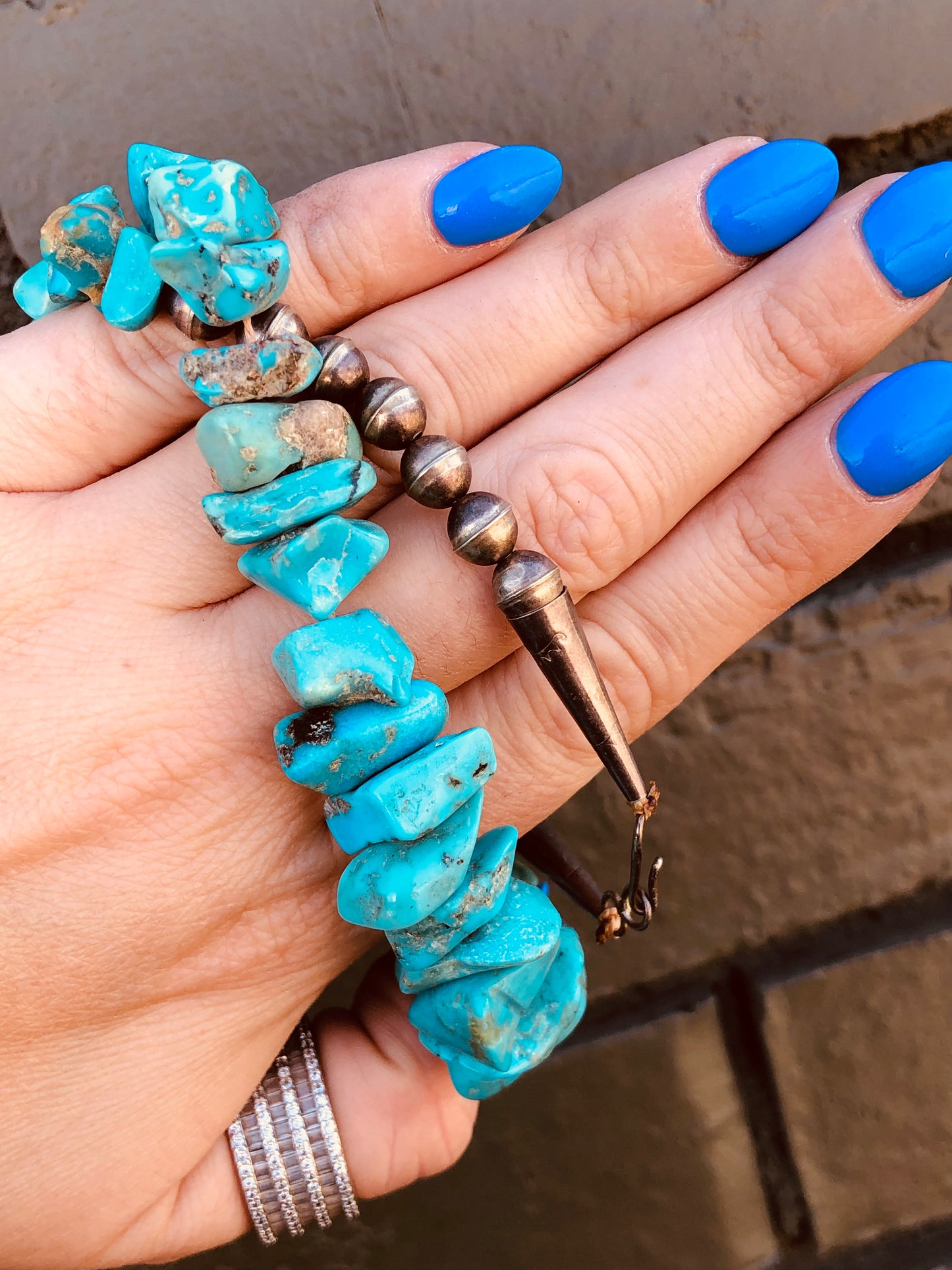 Old Pawn Sterling Navajo Pearl Beads + Raw Turquoise Stone Necklace