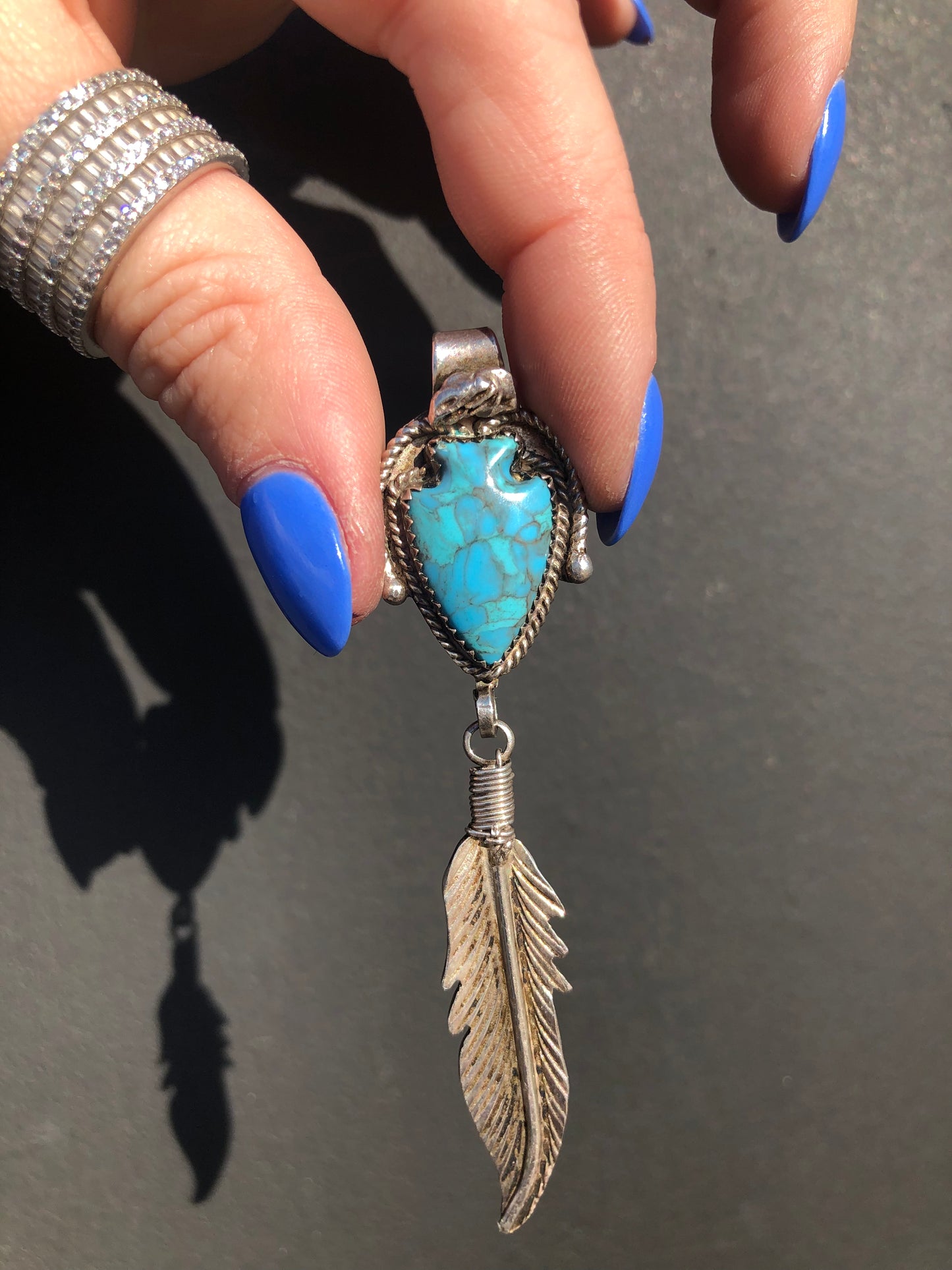 Vintage Sterling Silver Turquoise Arrowhead and Feather Pendant