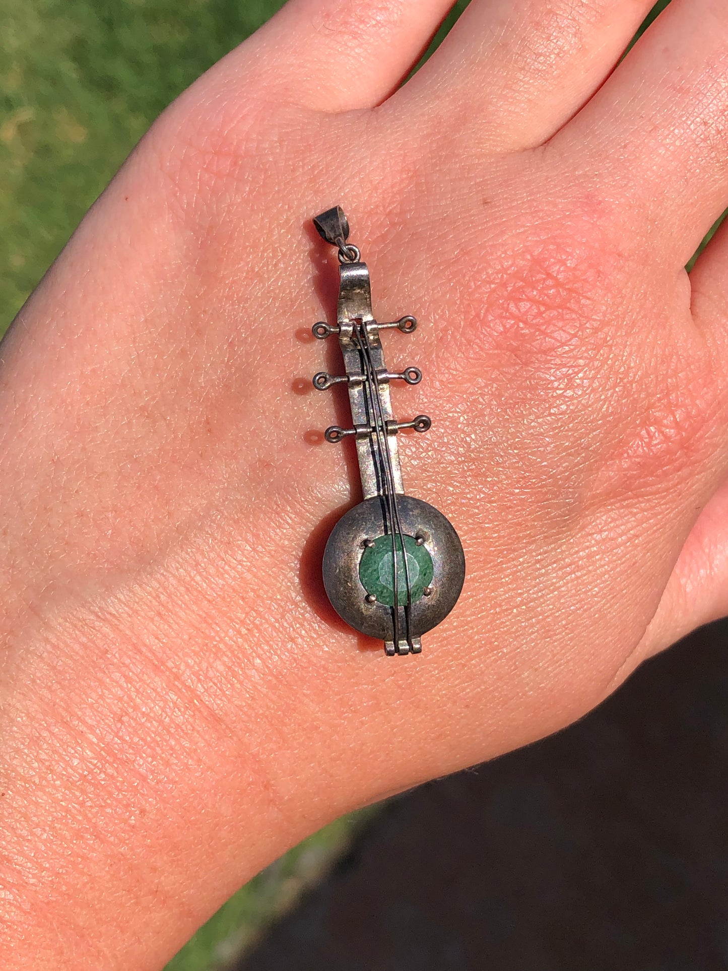 Vintage Sterling Jade Banjo/Guitar Pendant Charm