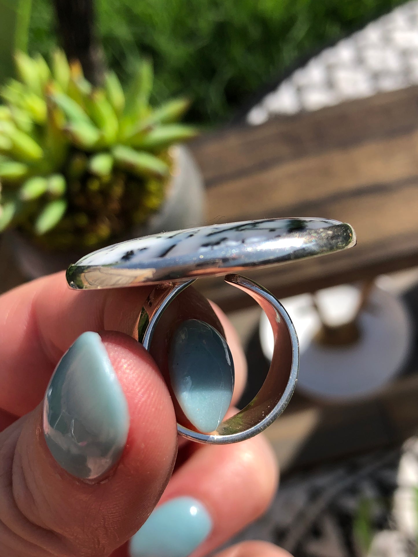 New Sterling Extra Large Dreamy Agate Adjustable Ring