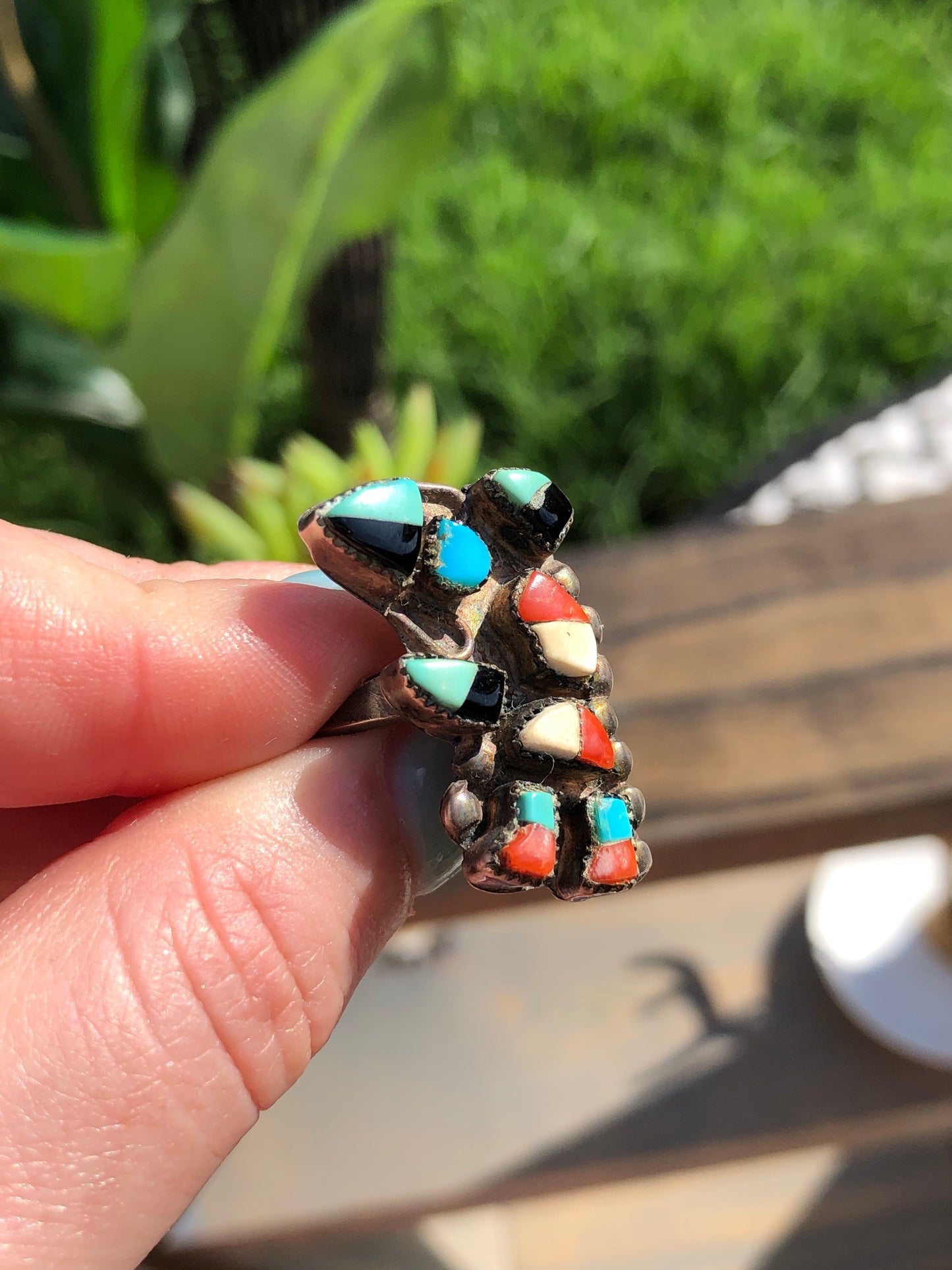 Vintage Sterling Multi-Stone Native American Mosaic Dancer Kachina Ring