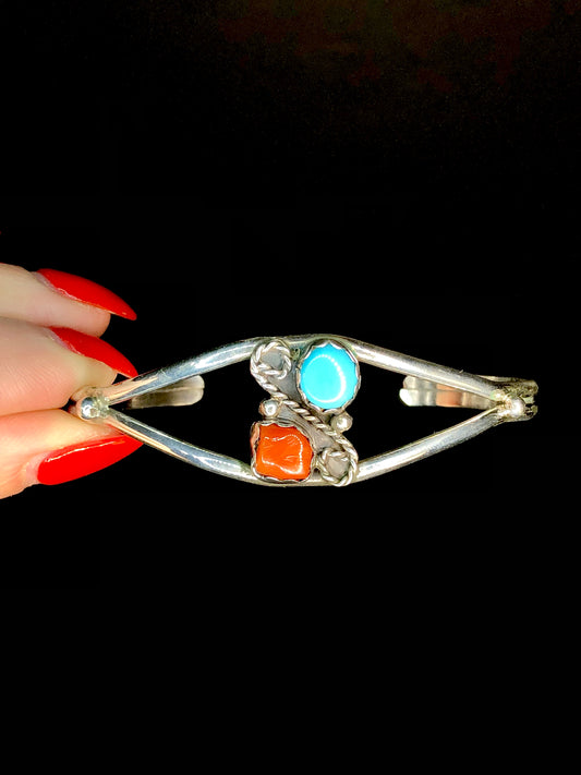 Vintage Sterling Silver Turquoise and Coral Cuff Bracelet