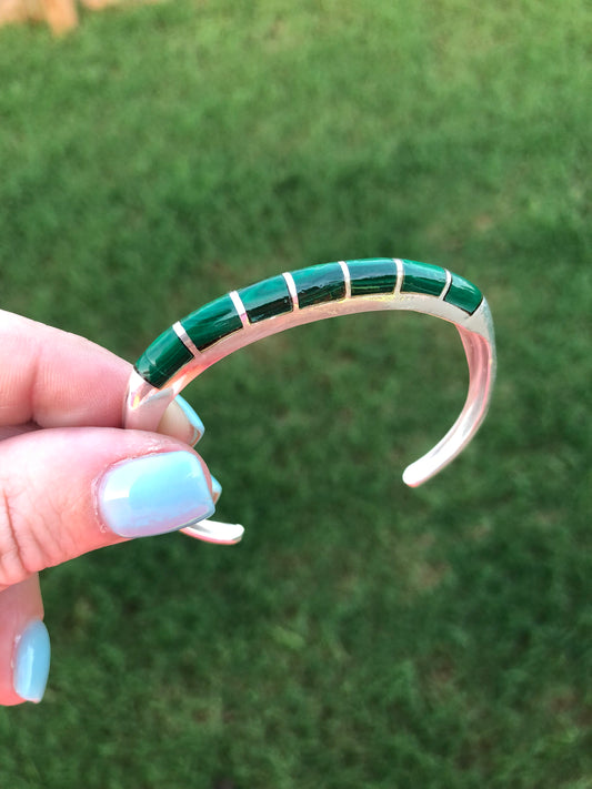 Vintage Sterling Silver Malachite Inlay Cuff Bracelet