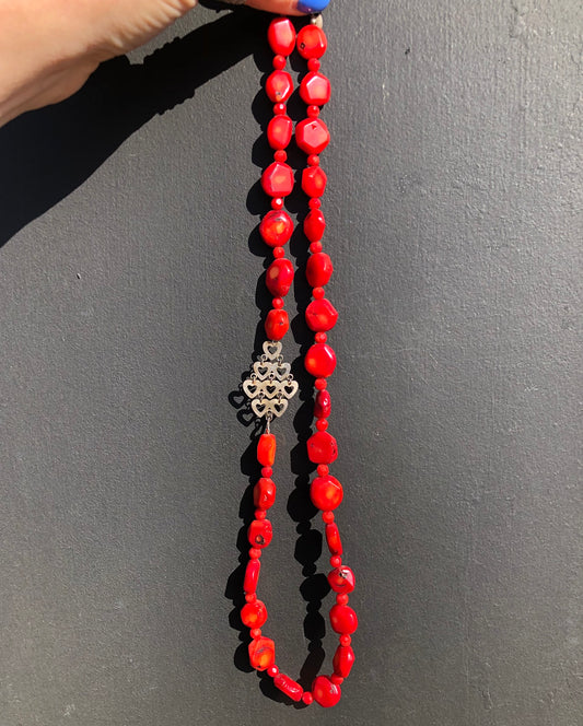 Sterling Silver Natural Coral Stone Heart Necklace