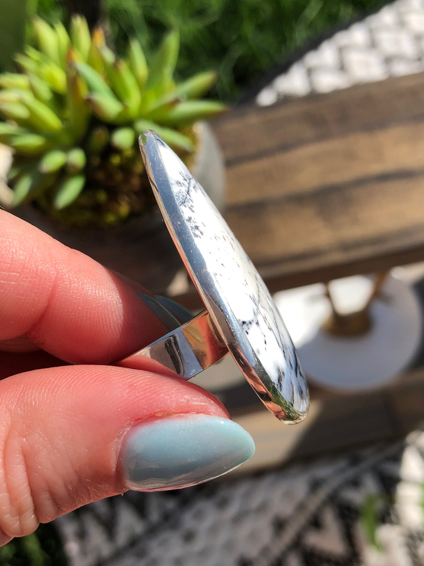 New Sterling Extra Large Dreamy Agate Adjustable Ring
