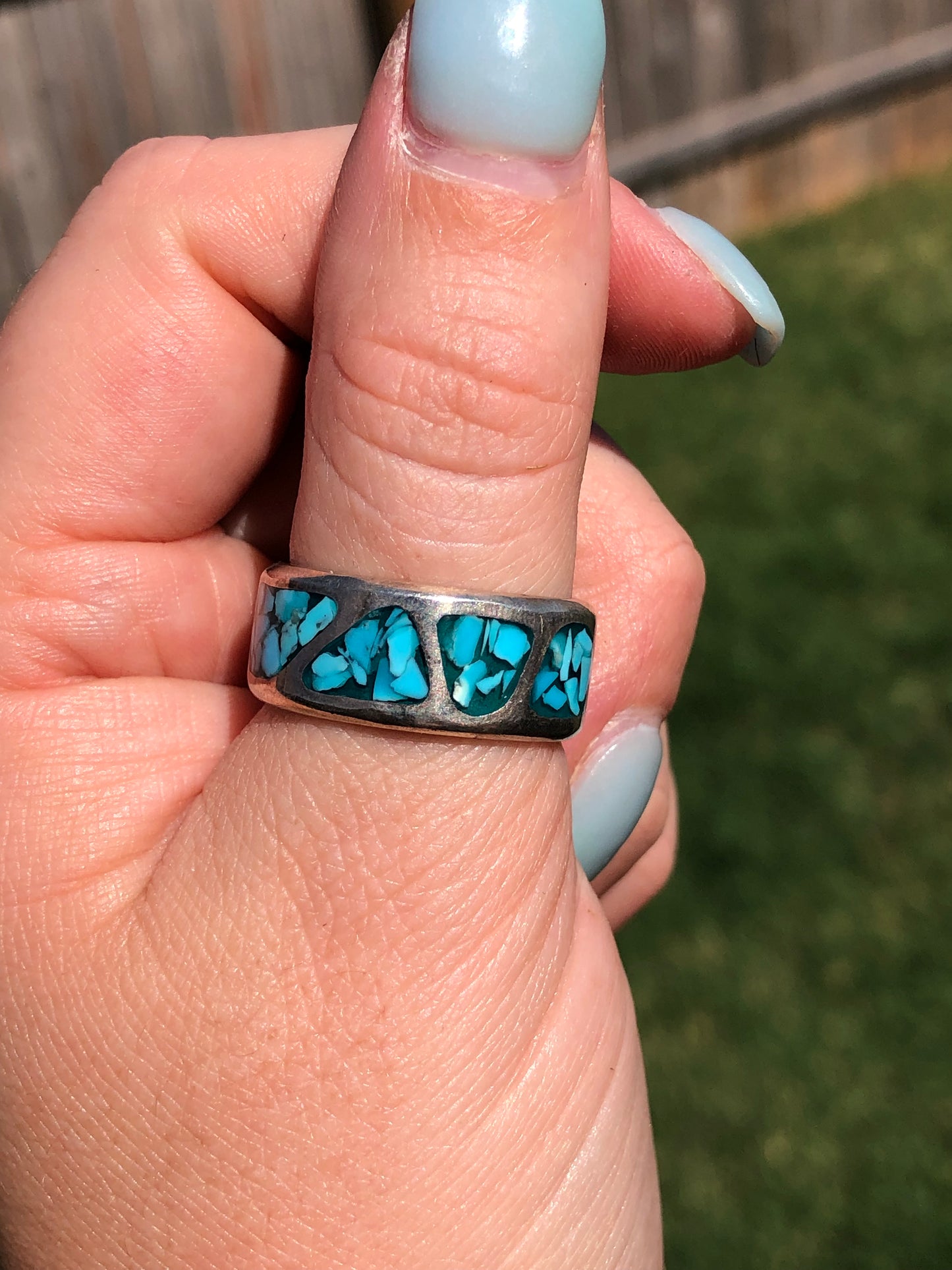 Vintage Sterling Silver Turquoise Chip Inlay Eternity Ring