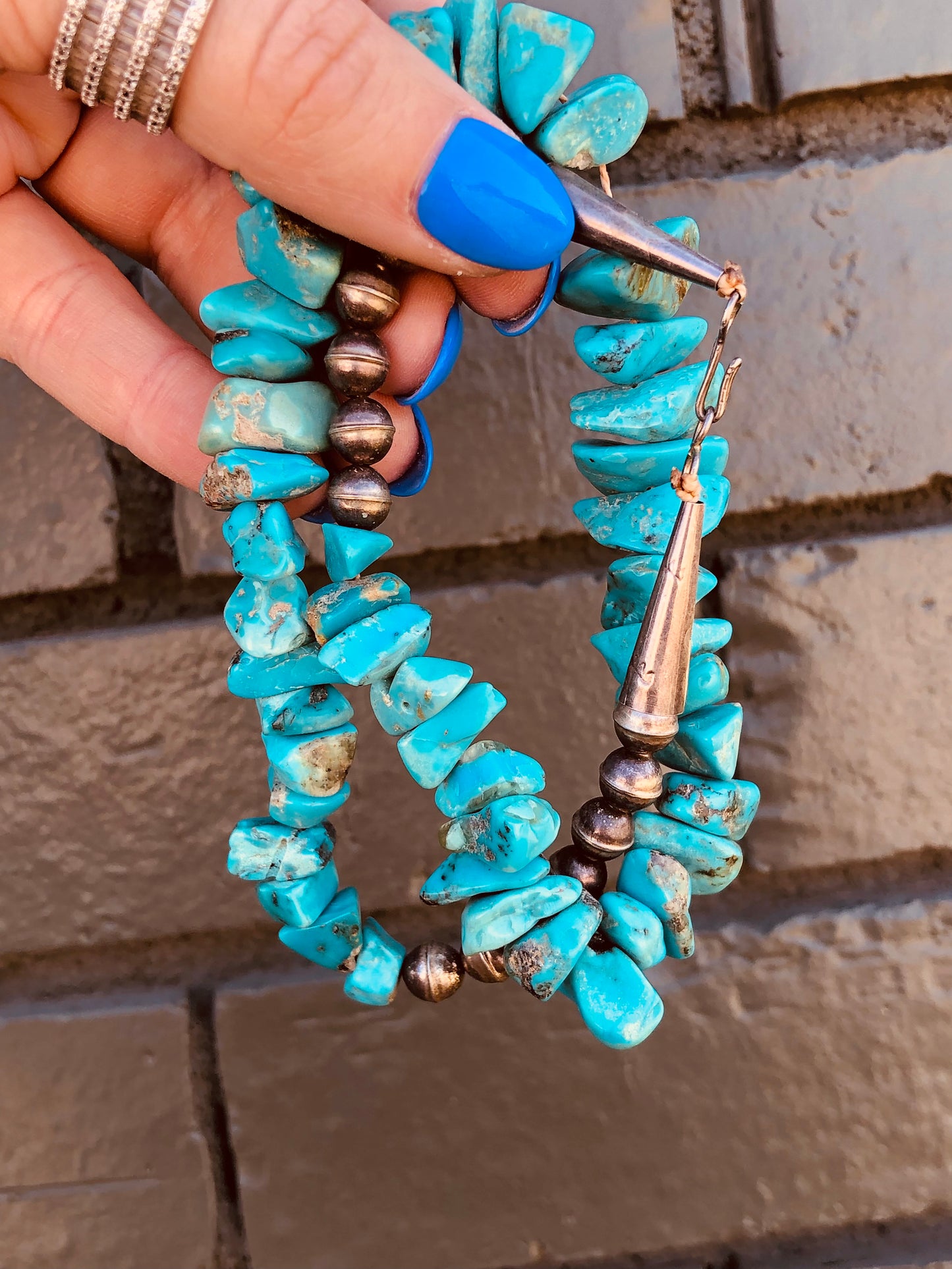 Old Pawn Sterling Navajo Pearl Beads + Raw Turquoise Stone Necklace