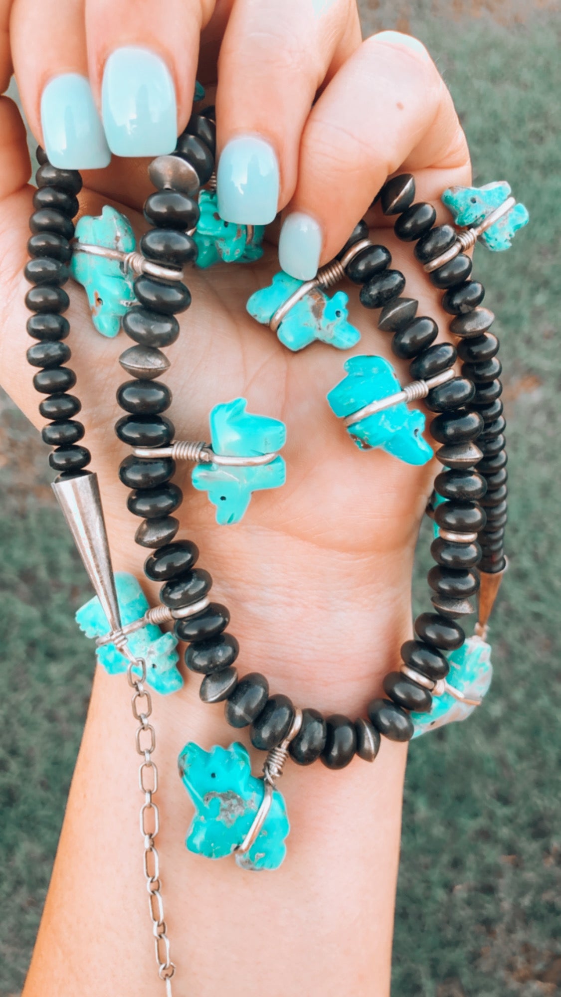AMAZING Old Vintage Pawn Turquoise Bear + Black Stone Beads + Navajo Bead Adjustable Necklace