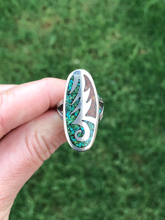 Old Pawn Vintage Sterling Silver Turquoise and Coral Chip Inlay Ring