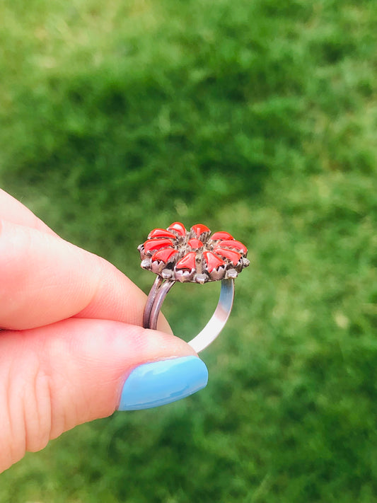 Vintage Sterling Silver Coral Zuni Flower Ring