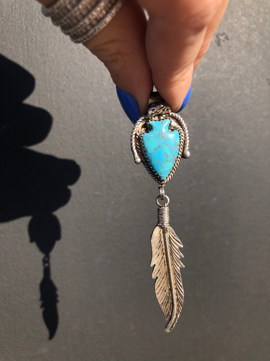 Vintage Sterling Silver Turquoise Arrowhead and Feather Pendant