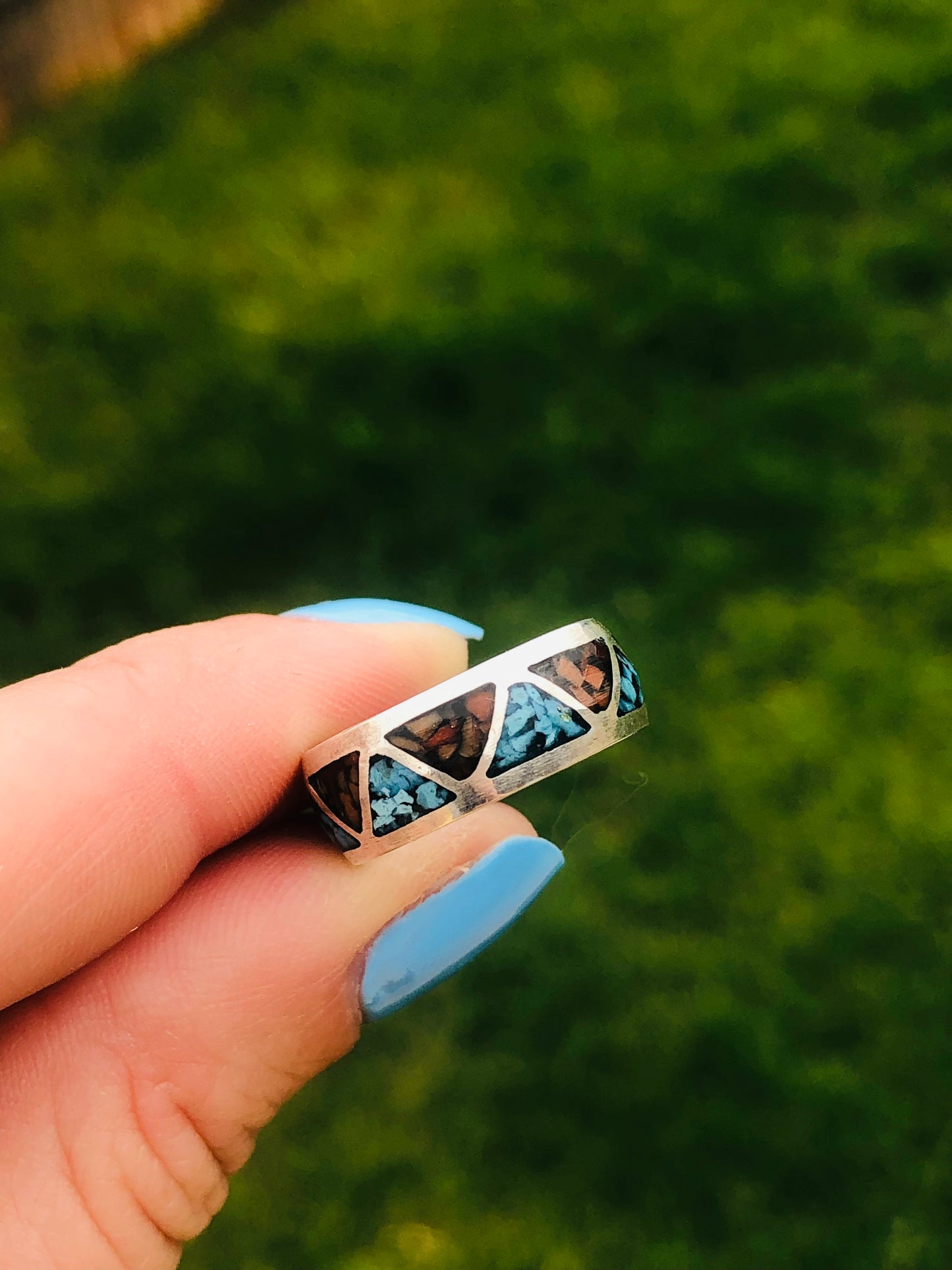 Old Pawn Sterling Silver Eternity Coral and Turquoise Chip Inlay Ring