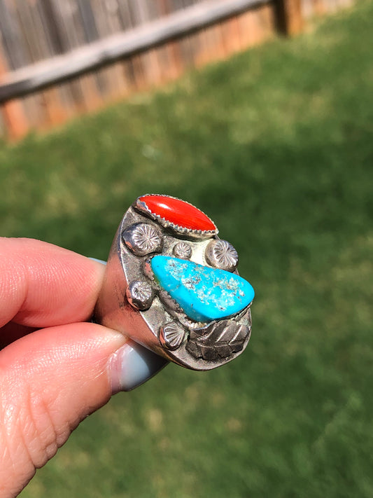 Vintage Sterling Silver Turquoise and Coral Ring