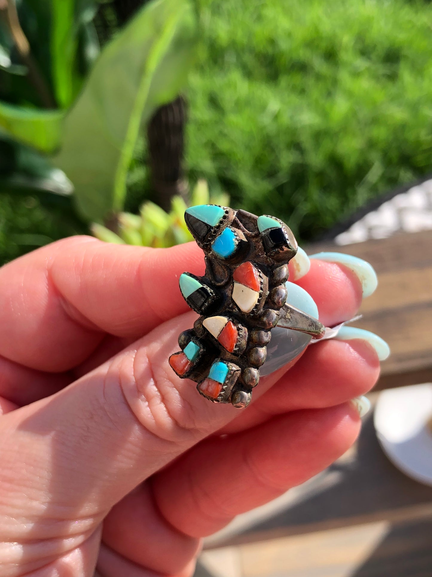 Vintage Sterling Multi-Stone Native American Mosaic Dancer Kachina Ring