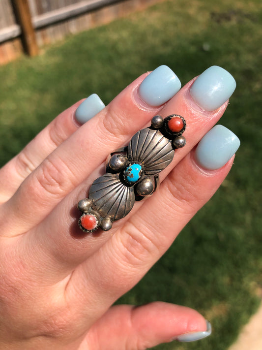 Vintage Sterling Silver Turquoise and Coral Ring