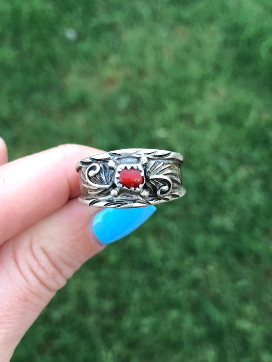 Sterling Silver Coral Signed Ring