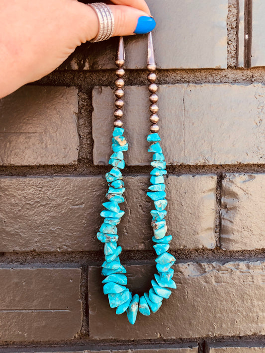 Old Pawn Sterling Navajo Pearl Beads + Raw Turquoise Stone Necklace