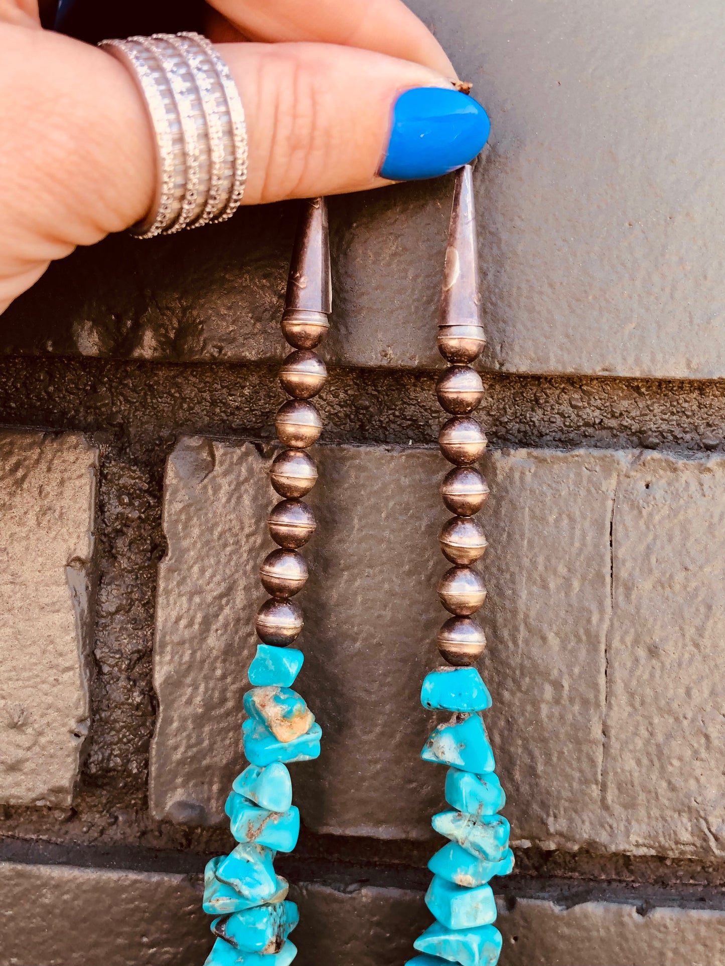 Old Pawn Sterling Navajo Pearl Beads + Raw Turquoise Stone Necklace