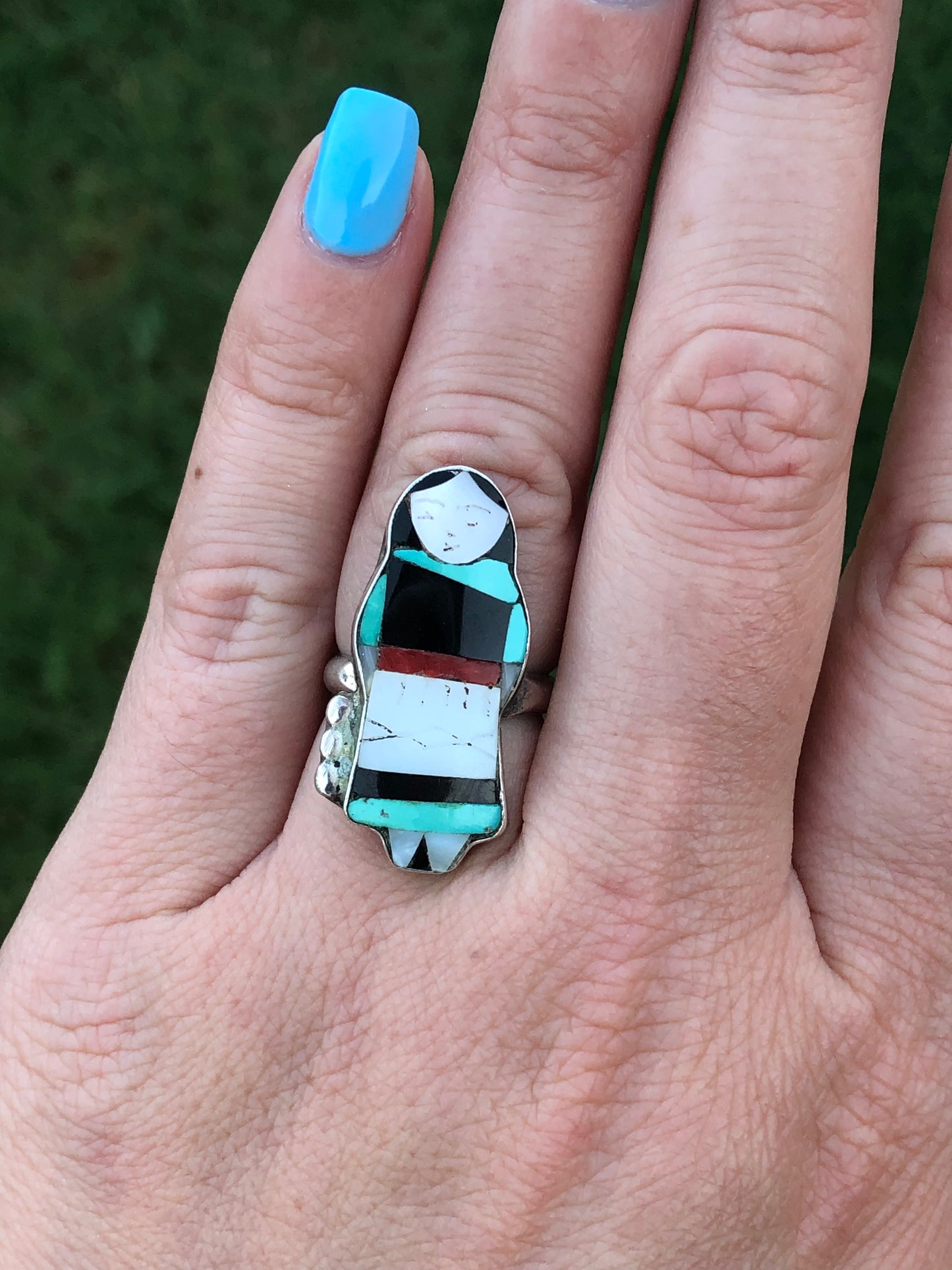 Vintage Handmade Sterling Silver Lady in Blue Ring
