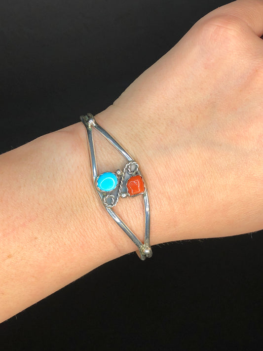 Vintage Sterling Silver Turquoise and Coral Cuff Bracelet
