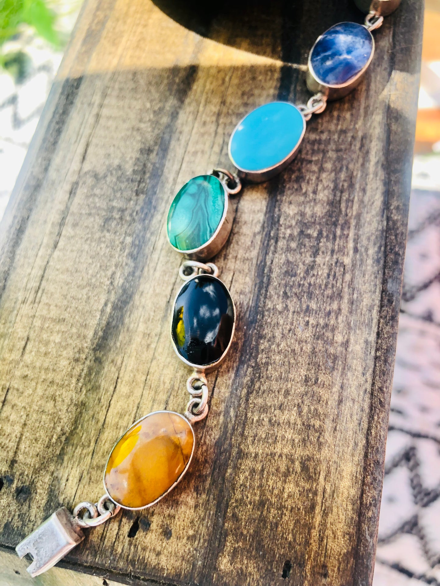 Vintage Sterling Silver Multi-Gemstone Link Bracelet