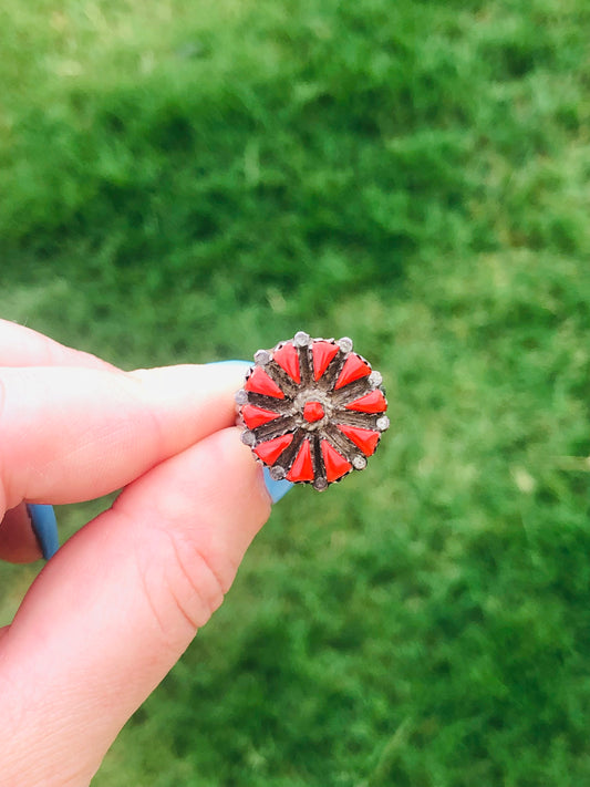 Vintage Sterling Silver Coral Zuni Flower Ring