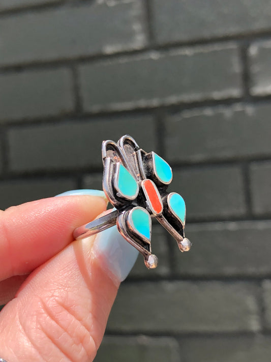 Old Pawn Vintage Sterling Silver Zuni Butterfly Turquoise and Coral Ring