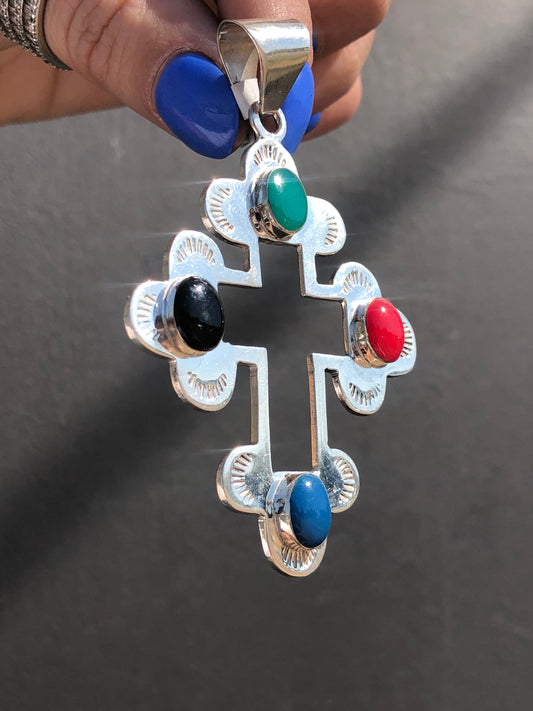 Vintage Sterling Silver Black Onyx, Malachite, Coral, and Blue Lapis Cross Pendant
