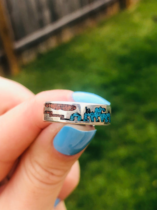 Vintage Sterling Silver Turquoise and Coral Chip Inlay Ring