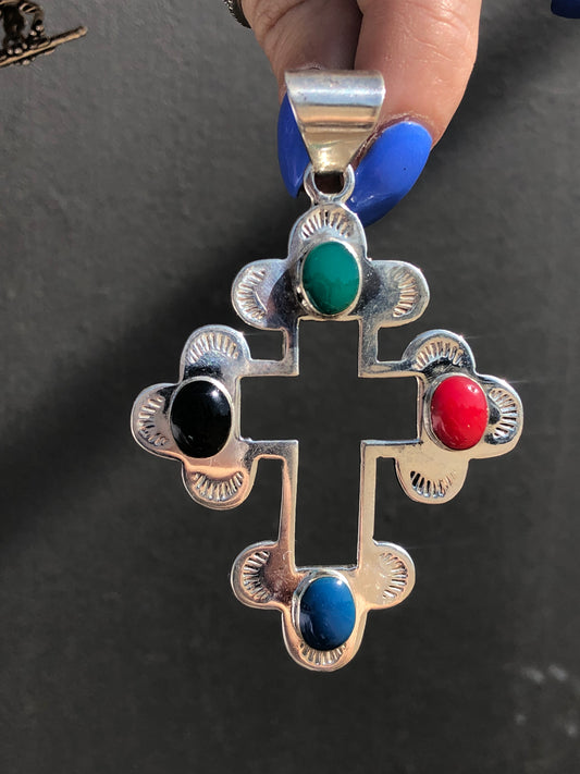 Vintage Sterling Silver Black Onyx, Malachite, Coral, and Blue Lapis Cross Pendant