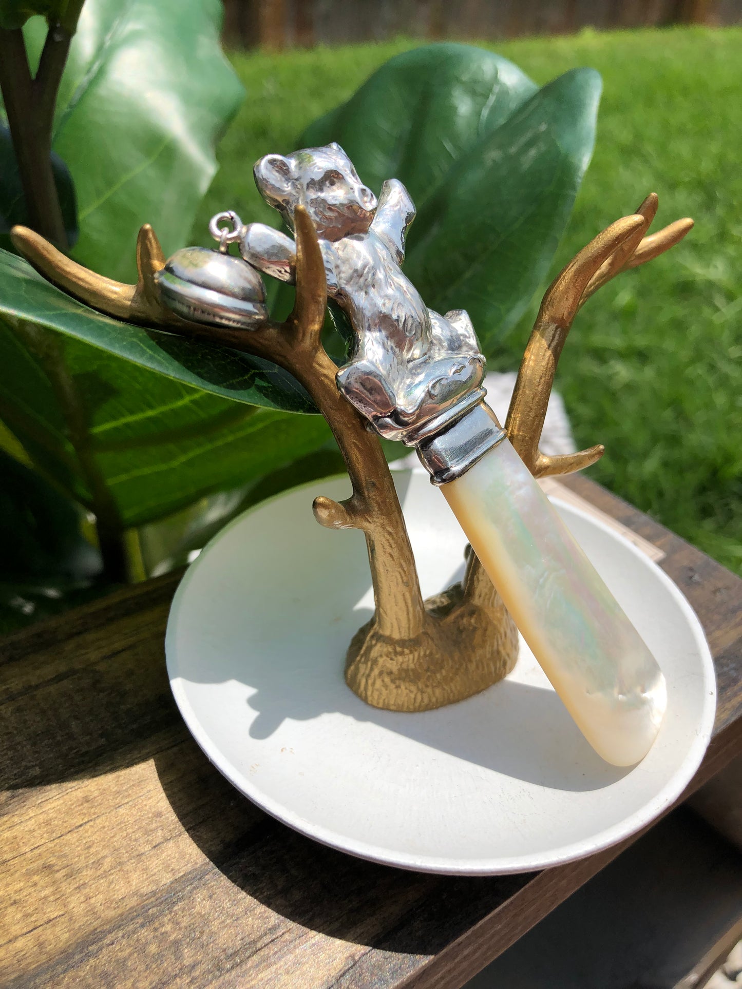 Vintage Sterling Silver Webster Co. Mother of Pearl Teddy Bear Rattle