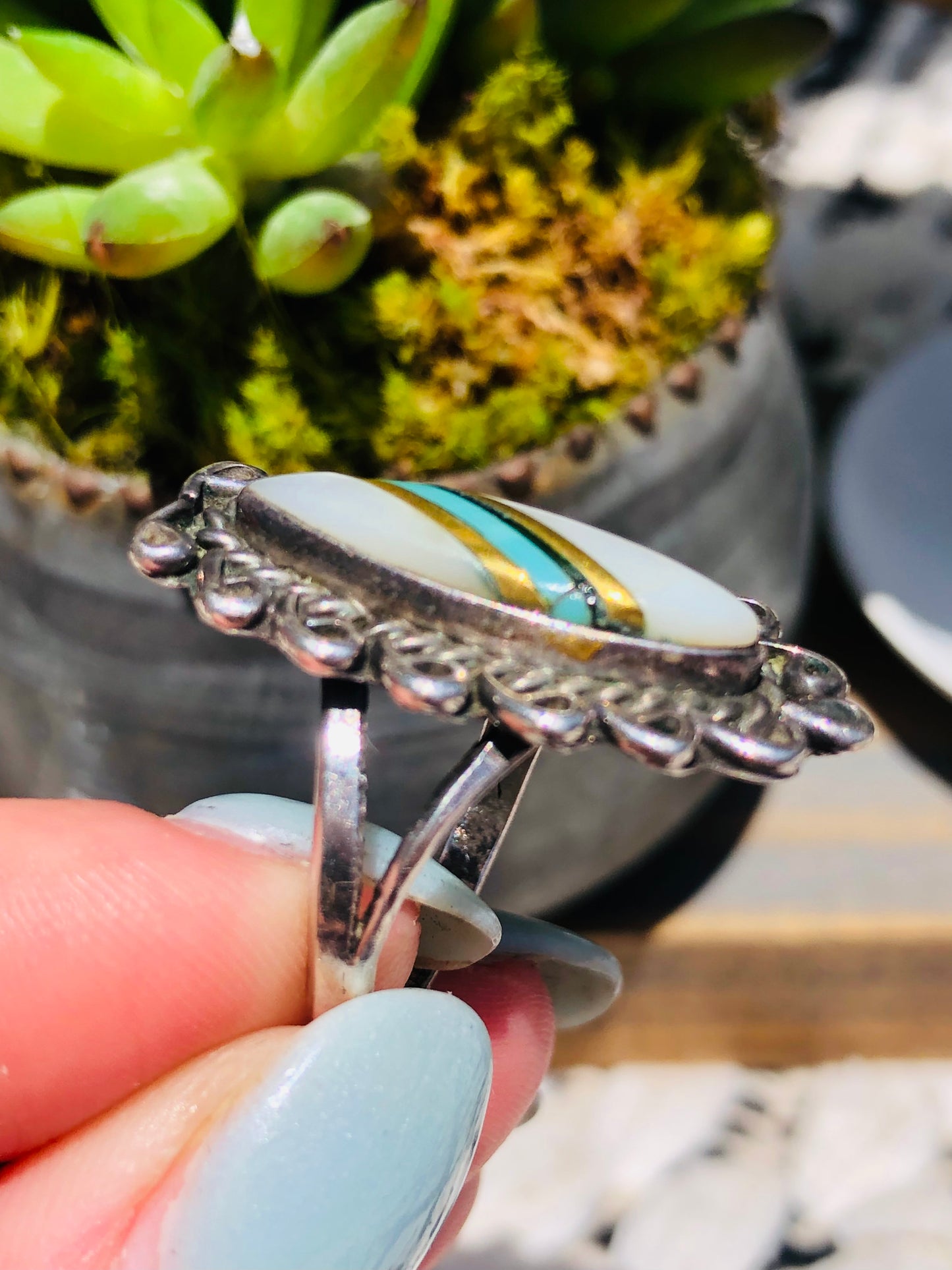 Vintage Sterling Mother of Pearl and Turquoise Ring