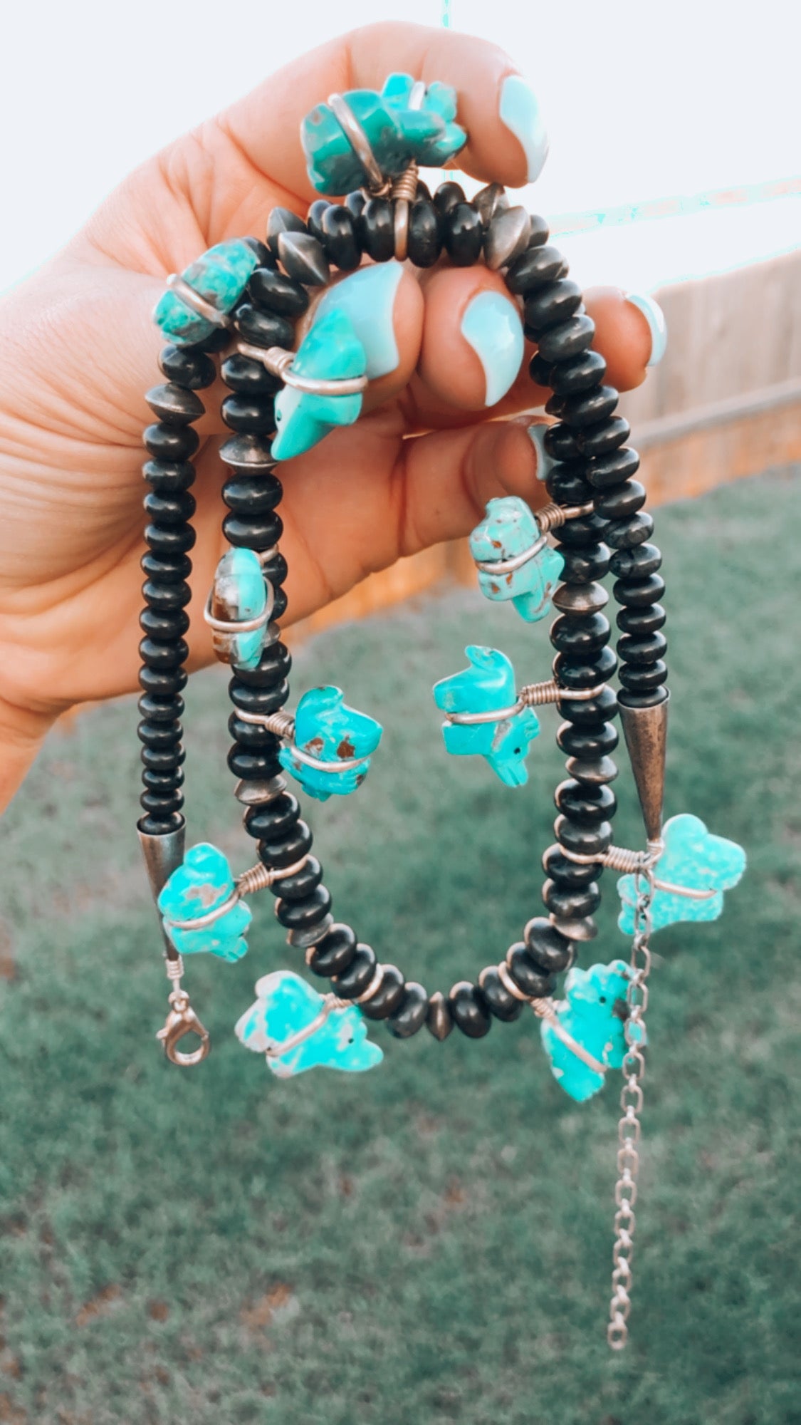 AMAZING Old Vintage Pawn Turquoise Bear + Black Stone Beads + Navajo Bead Adjustable Necklace
