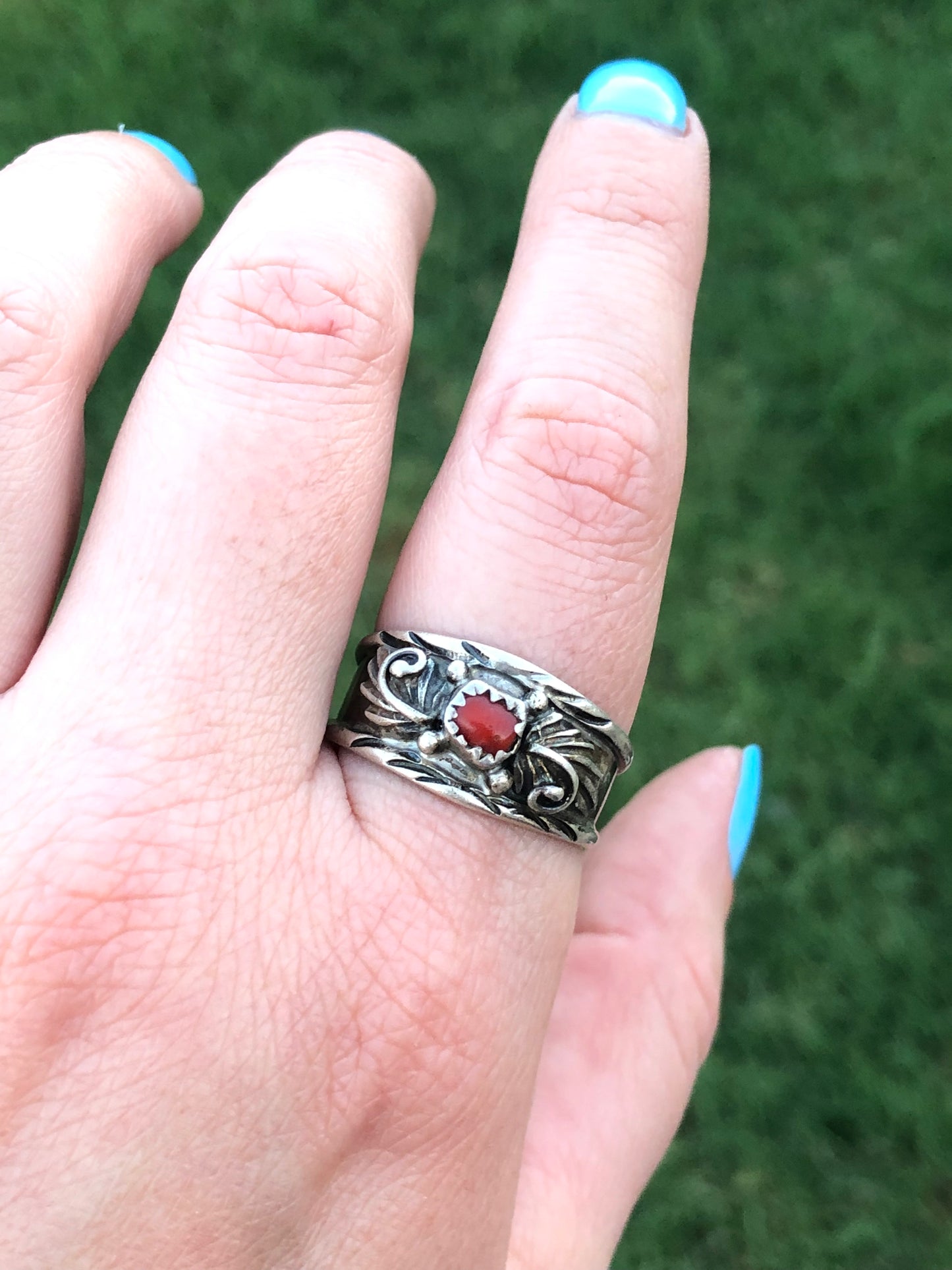 Sterling Silver Coral Signed Ring