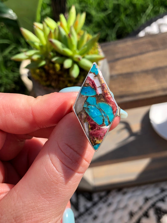 Red Spiny Oyster Turquoise Adjustable Ring