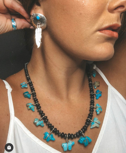 AMAZING Old Vintage Pawn Turquoise Bear + Black Stone Beads + Navajo Bead Adjustable Necklace