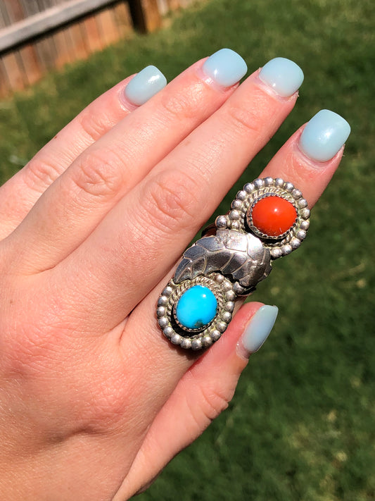 BEAUTIFUL Large Vintage Sterling Silver Turquoise and Coral Ring