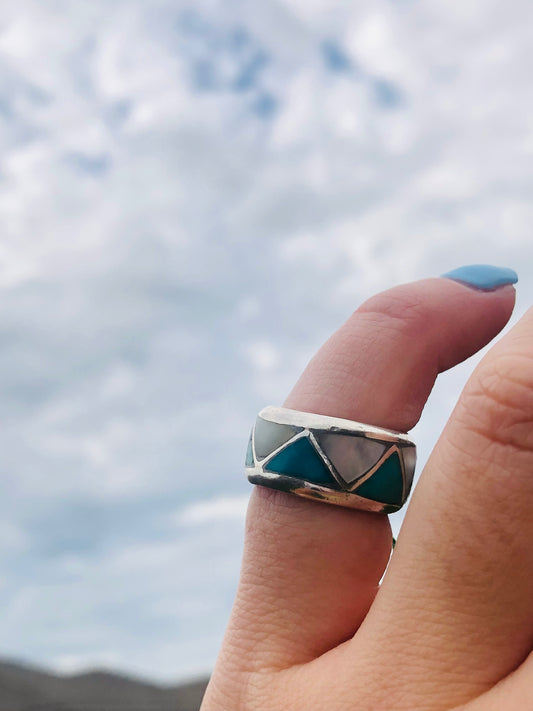 Eternity Sterling Silver Mother of Pearl and Turquoise Ring