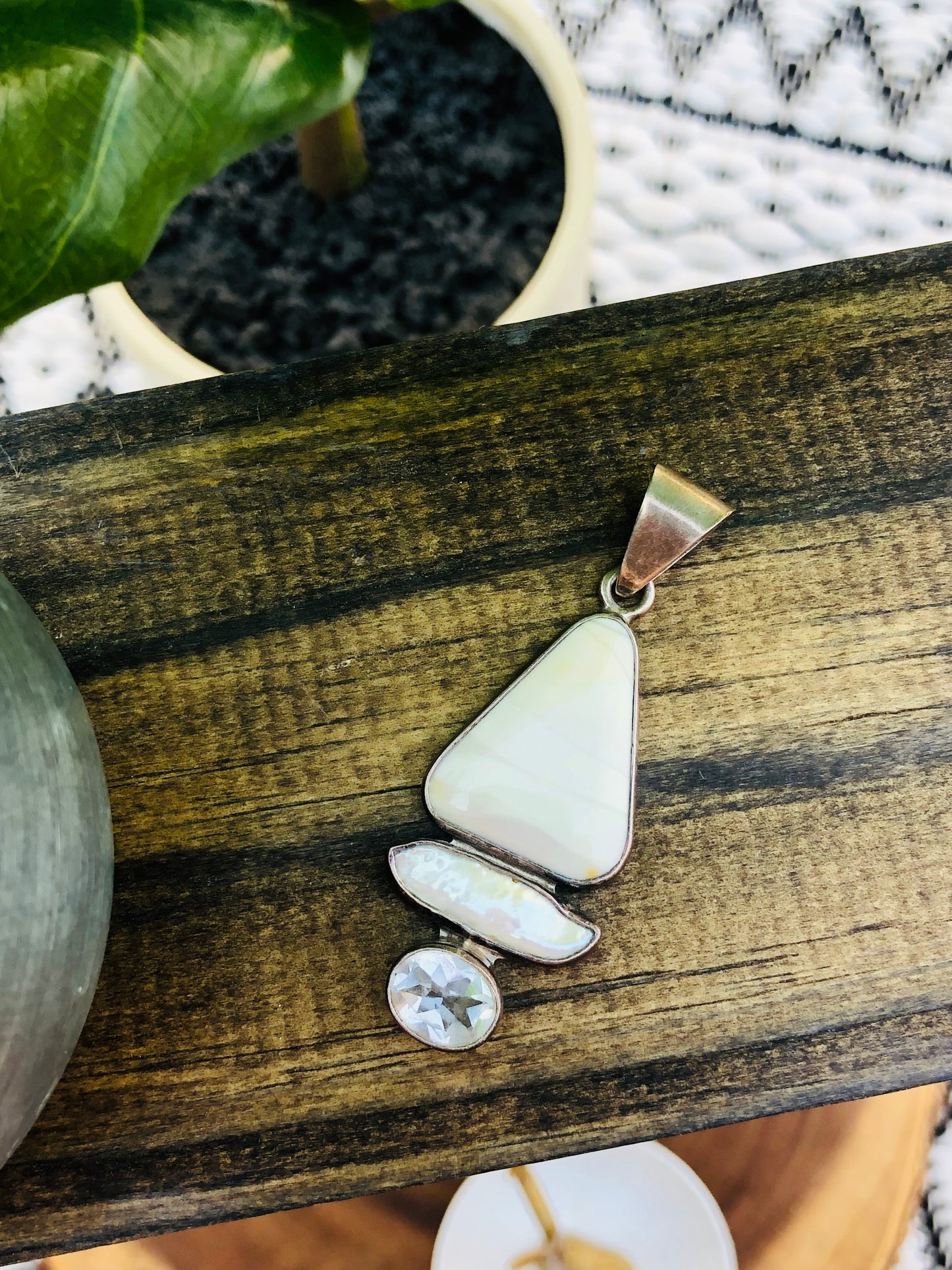 Sterling Silver Mother of Pearl and White Quartz Pendant