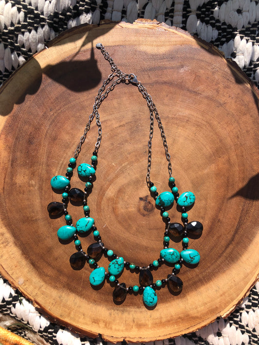 Silver Turquoise and Quartz Layered Necklace