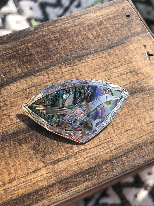 BEAUTIFUL Vintage Sterling Silver Road Runner Abalone Shell Inlay Bolo Signed