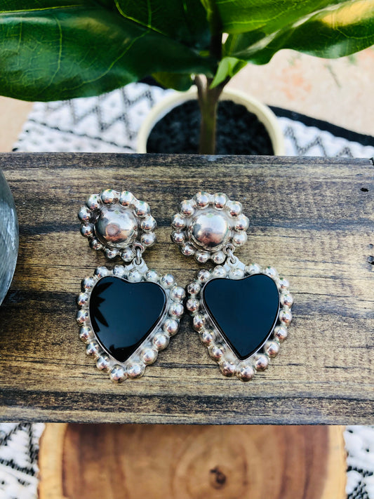 LARGE Vintage Sterling Black Heart Earrings