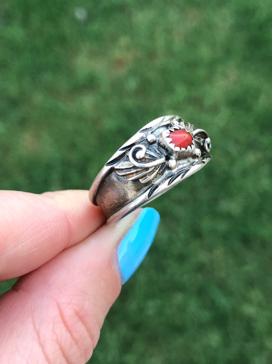 Sterling Silver Coral Signed Ring
