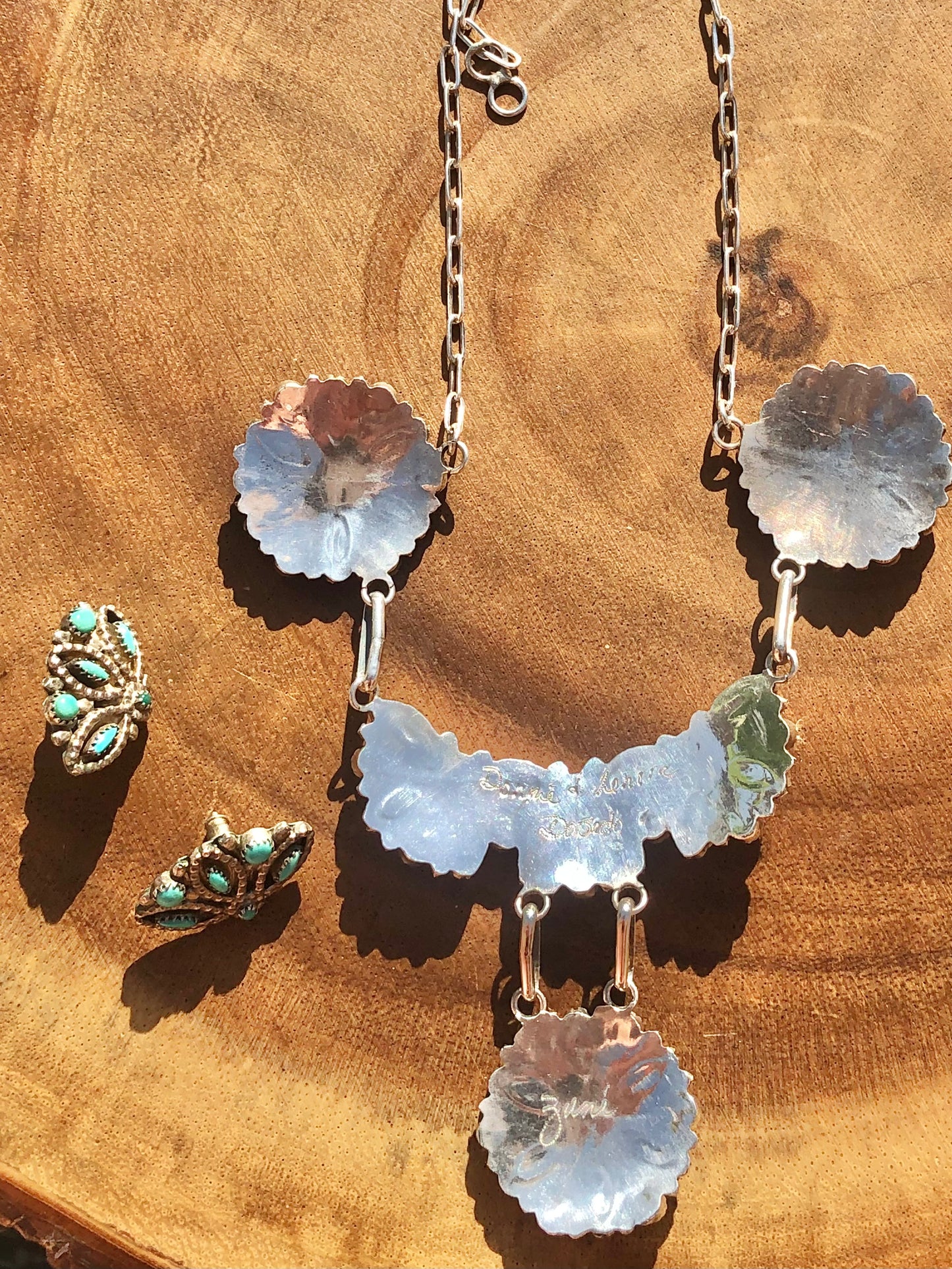Sterling Zuni Turquoise Matching Necklace & Earring Set Signed by Artist