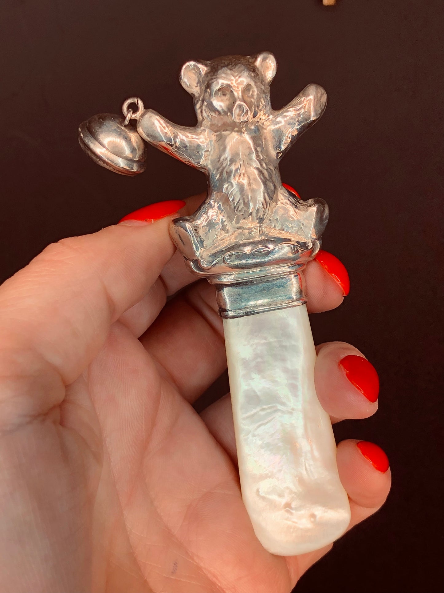 Vintage Sterling Silver Webster Co. Mother of Pearl Teddy Bear Rattle