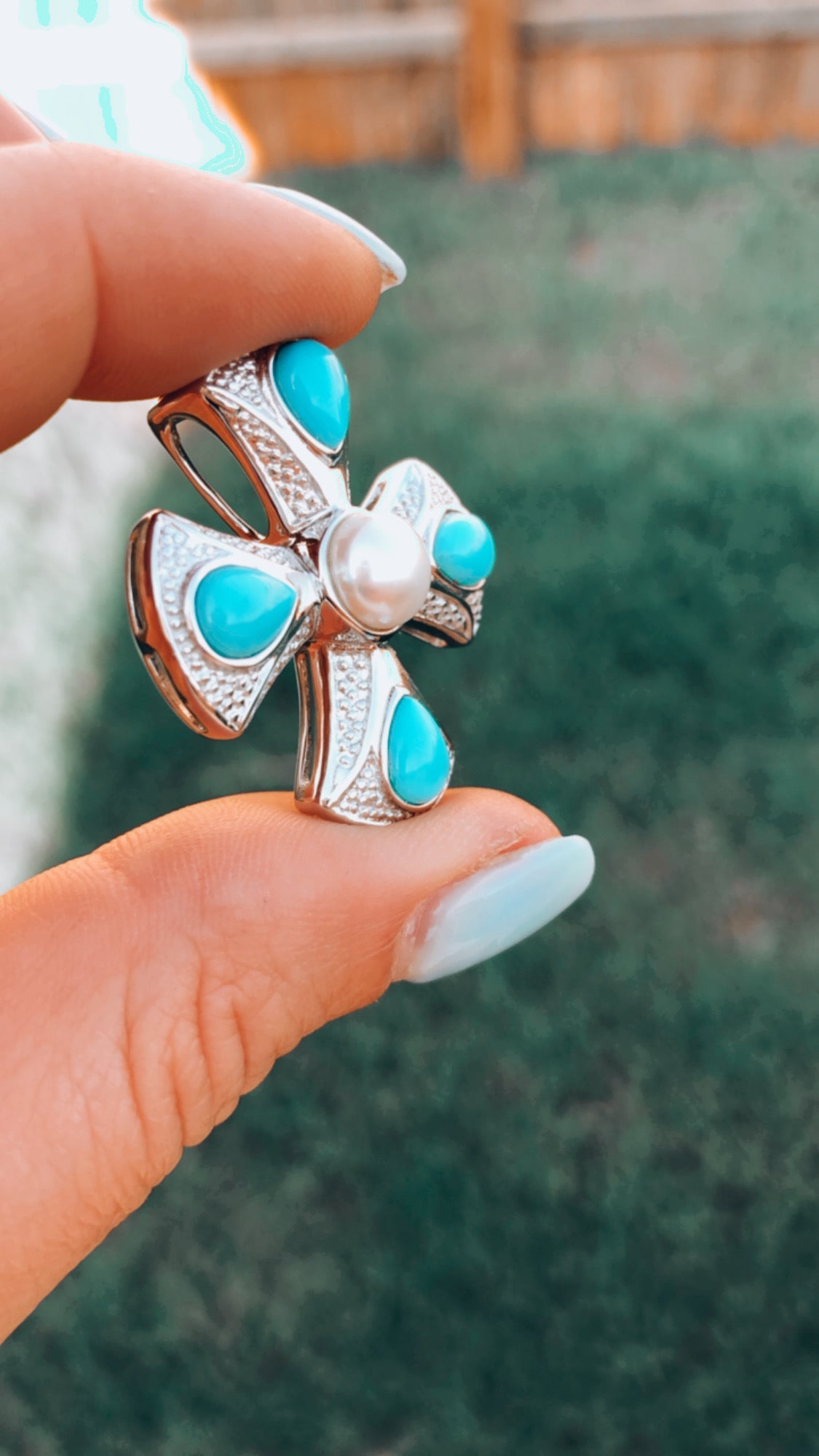 Sterling Sleeping Beauty Turquoise + Pearl Cross Pendant