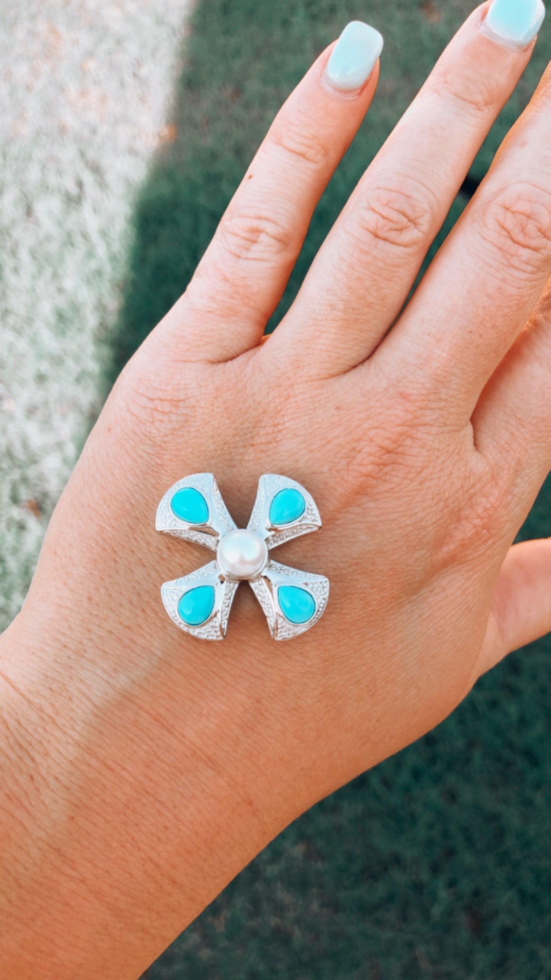 Sterling Sleeping Beauty Turquoise + Pearl Cross Pendant