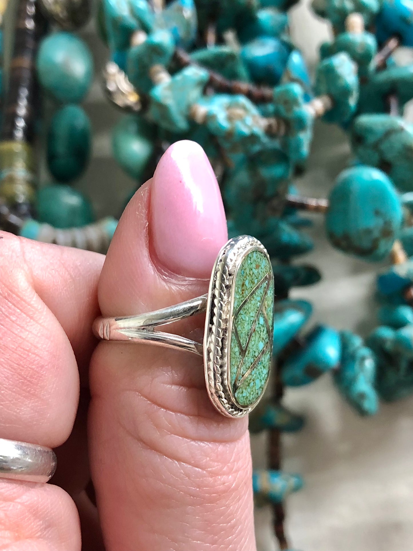 Sterling Silver Green Turquoise Chip inlay Ring