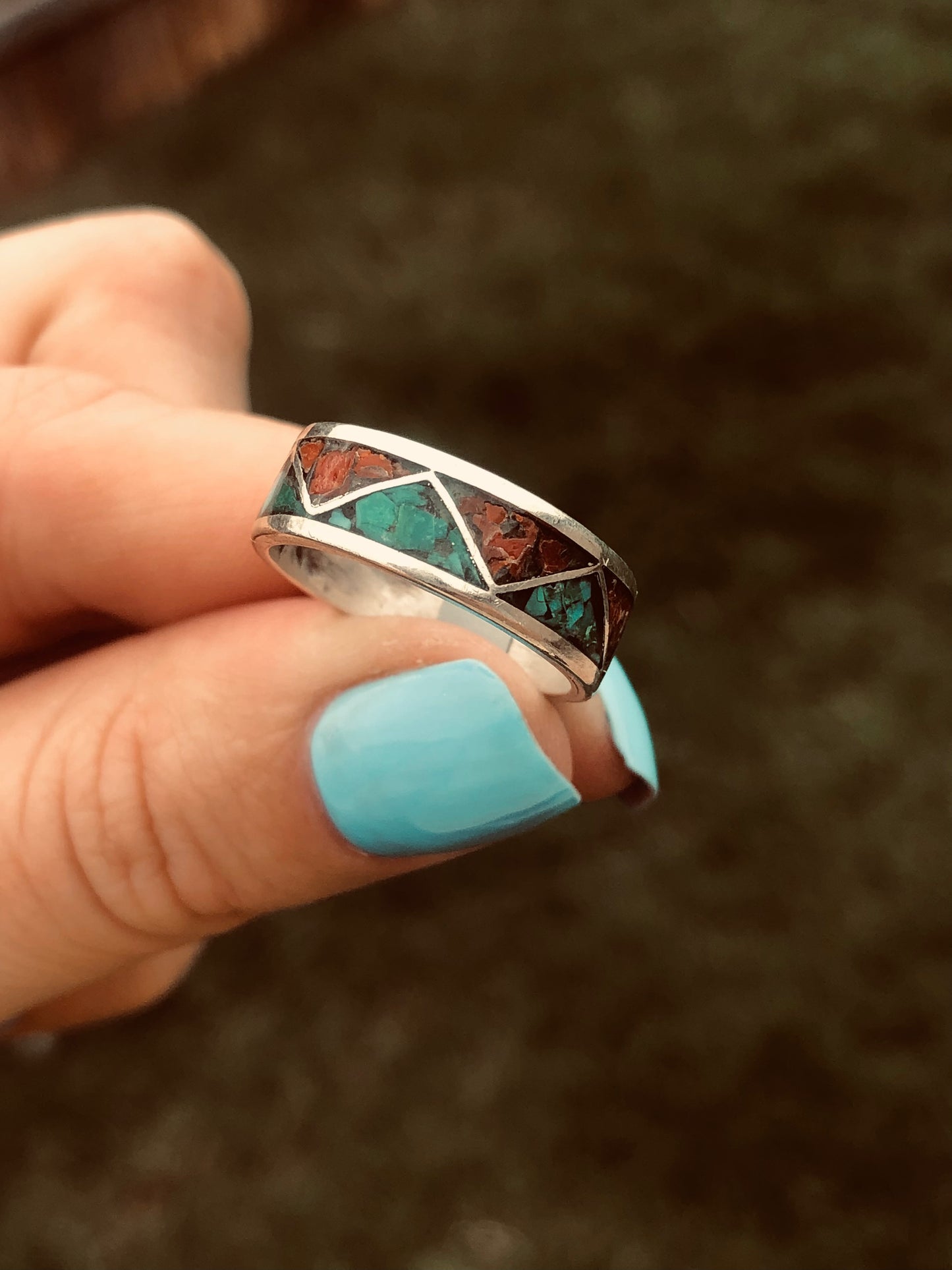 Eternity Sterling Silver Coral and turquoise Chip Inlay Ring